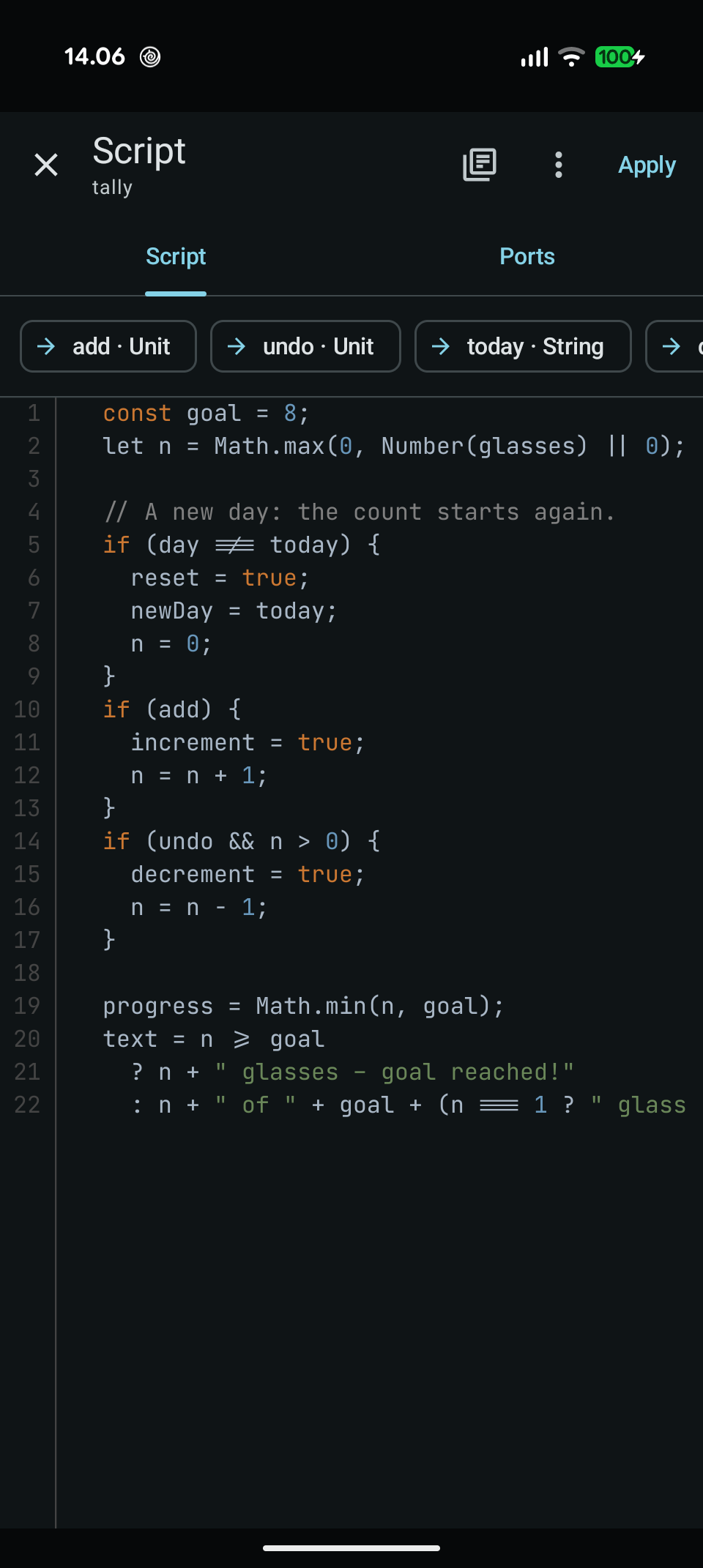 The JavaScript editor of a Fuusio Flows Script node