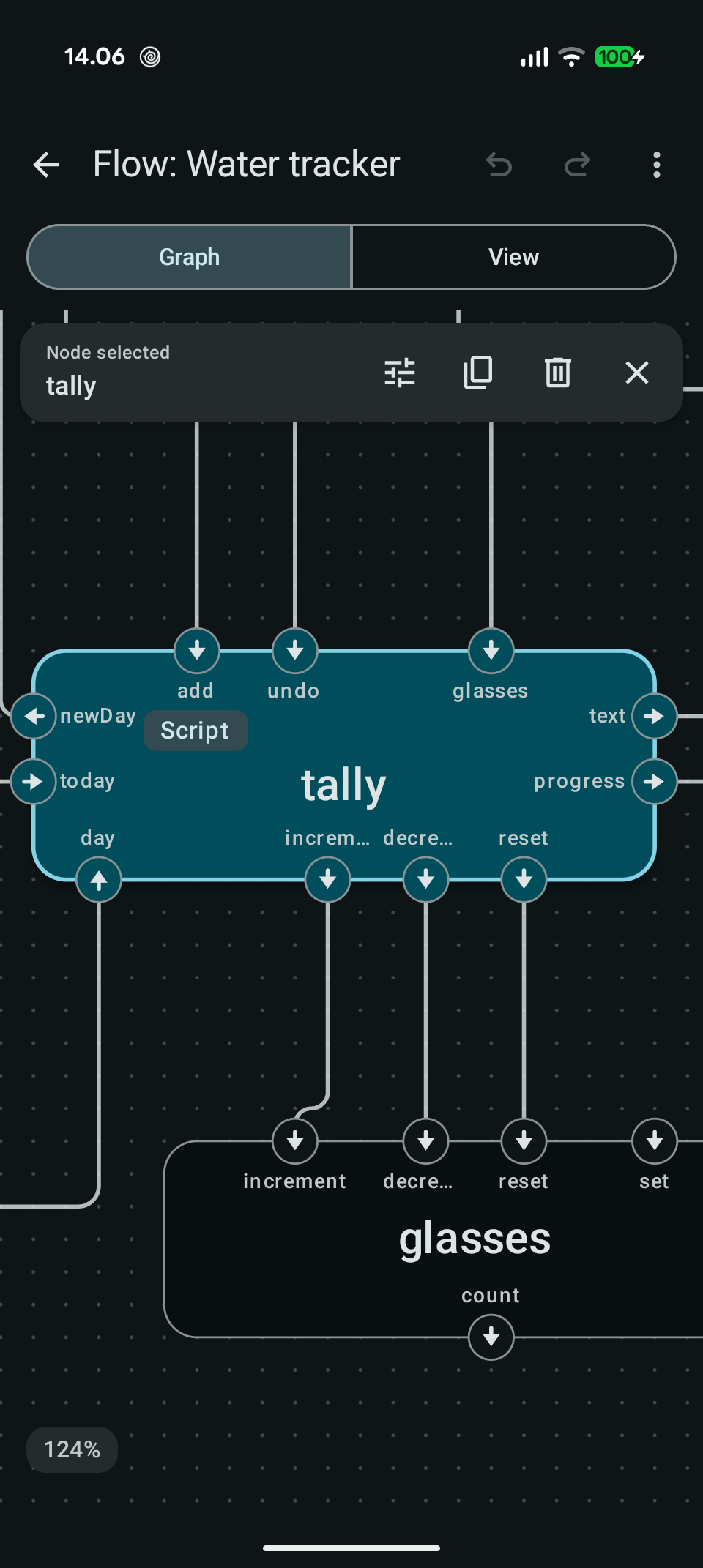 A selected Script node with its ports in the Fuusio Flows Graph editor