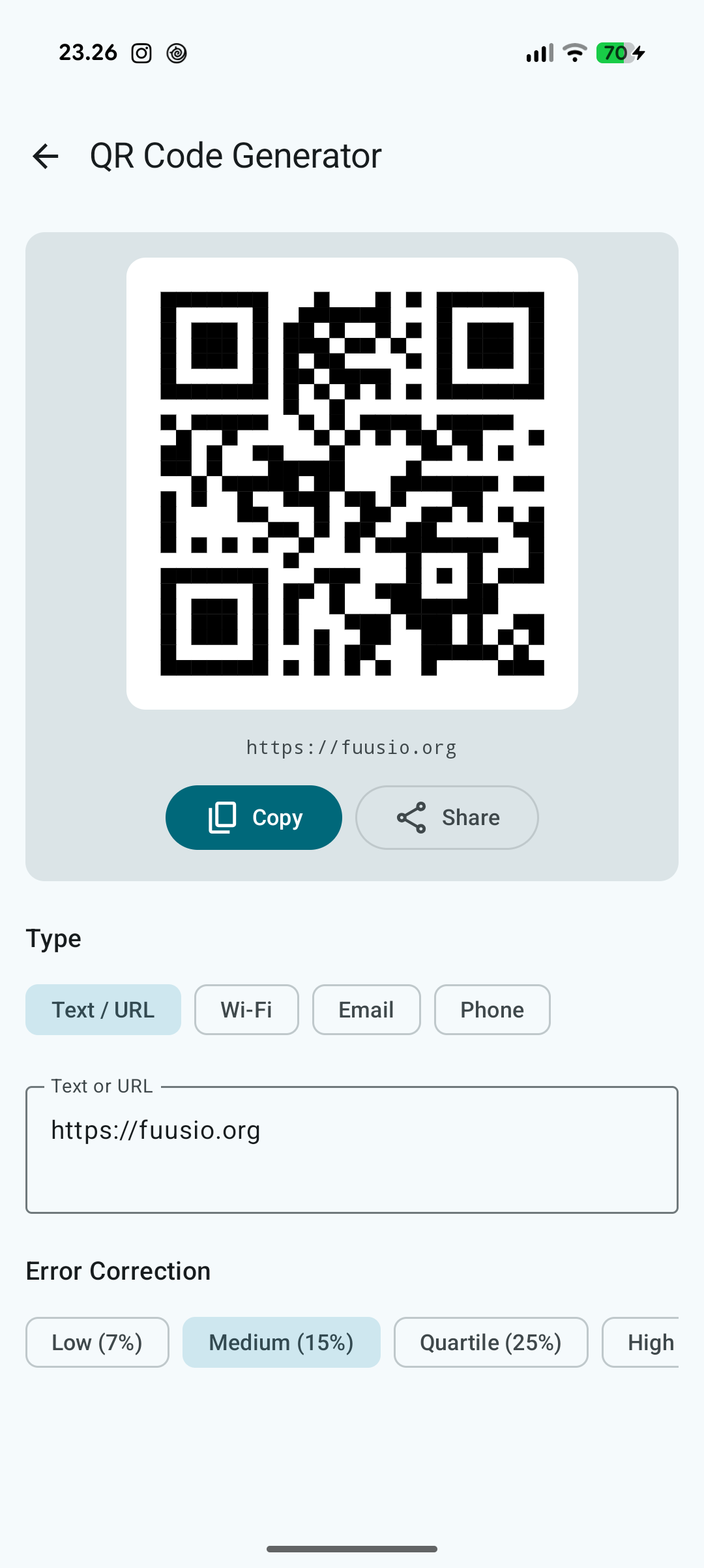 Fuusio QR Code Generator screen