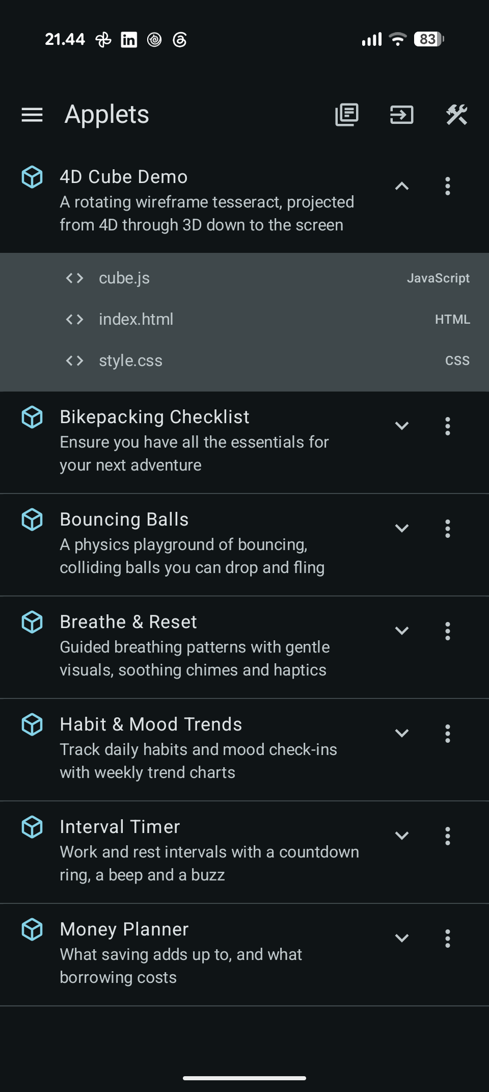Fuusio Applets Library Screen